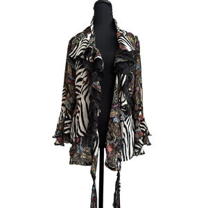 Le Caviar zebra paisley print ruffle lace tie front flare sleeve top Small
